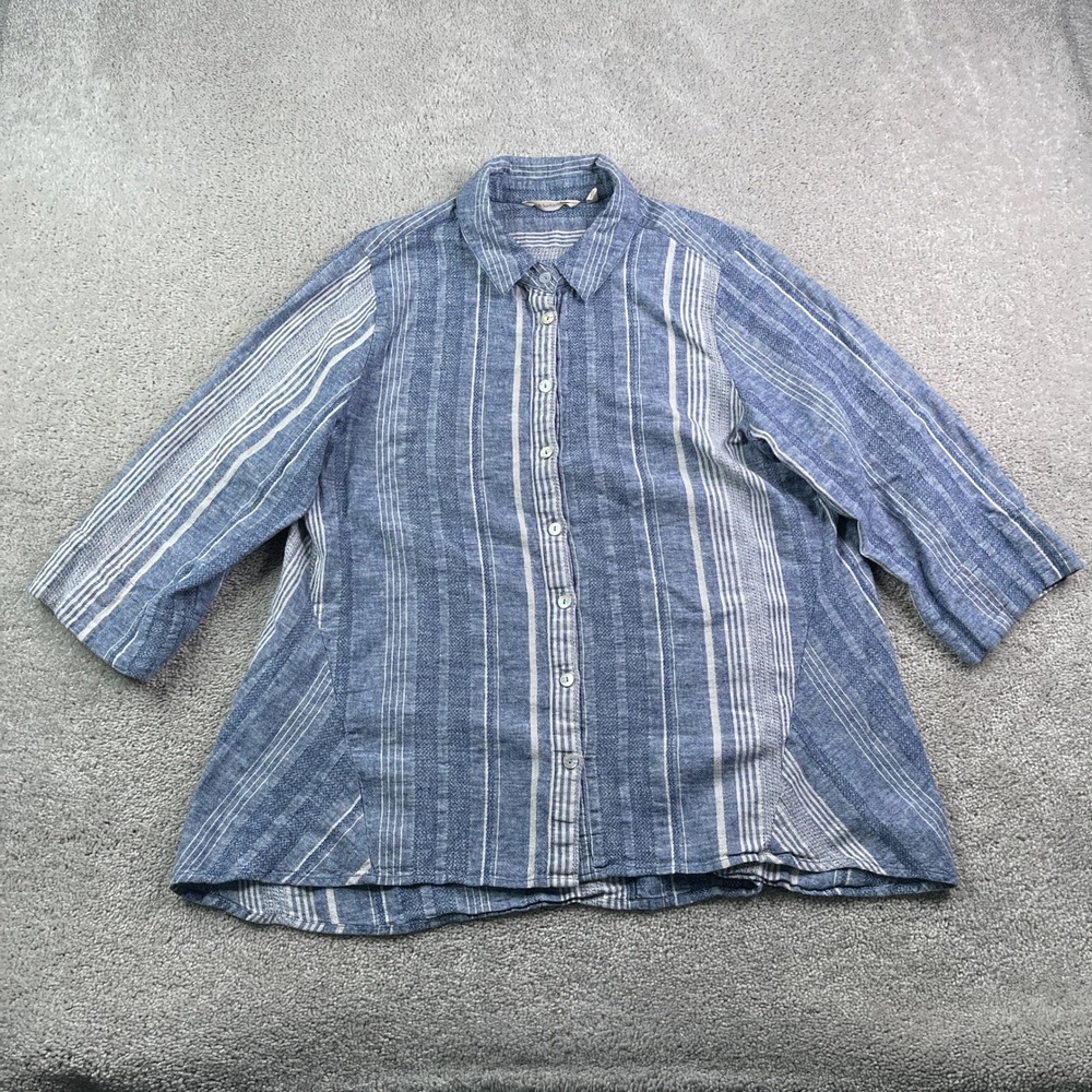 Soft Surroundings Shirt Womens 1X Blue Striped Linen Blend 3/4 Sleeve Coastal